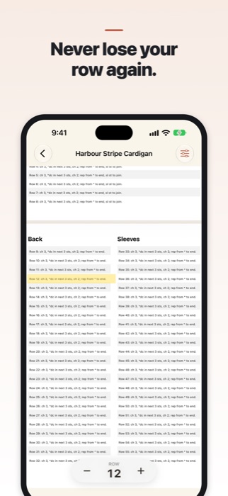Yarnmark on iPhone: a two-column PDF cardigan pattern with row 12 highlighted and a row counter reading 12